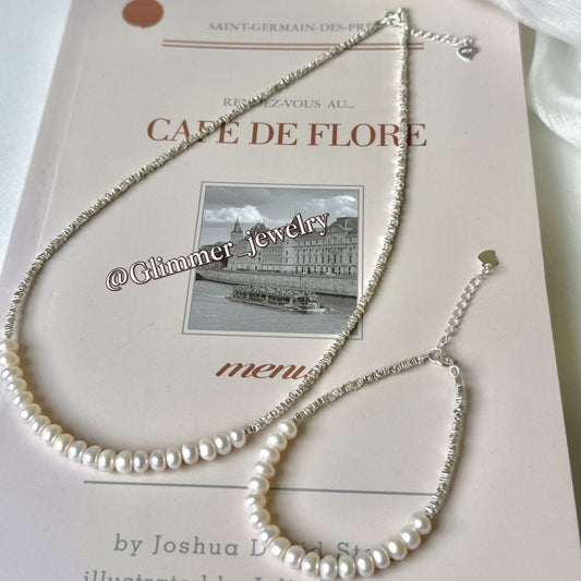 Shimmering 925 Sliver Pearl Bracelet & Necklace