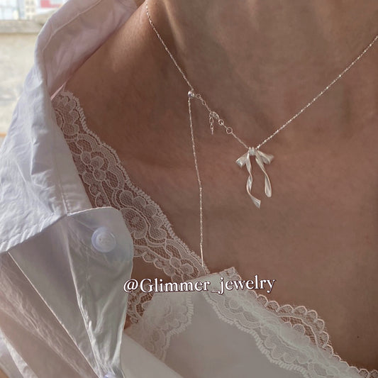 925 Sliver Bow Tie Ribbon Necklace